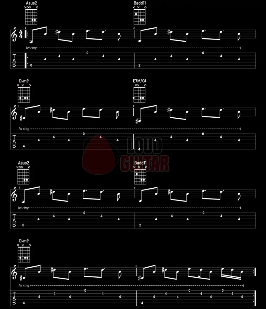 Exercice arpège guitare facile tab exemple 2